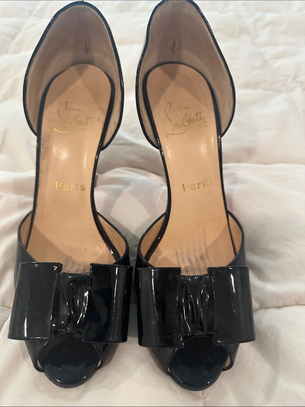 Christian Louboutin Black Patent Peep-Toe Bow Pumps - D'Orsay Style